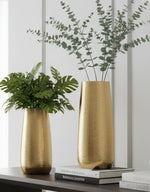 Load image into Gallery viewer, Two gold textured vases of different sizes placed side by side.
