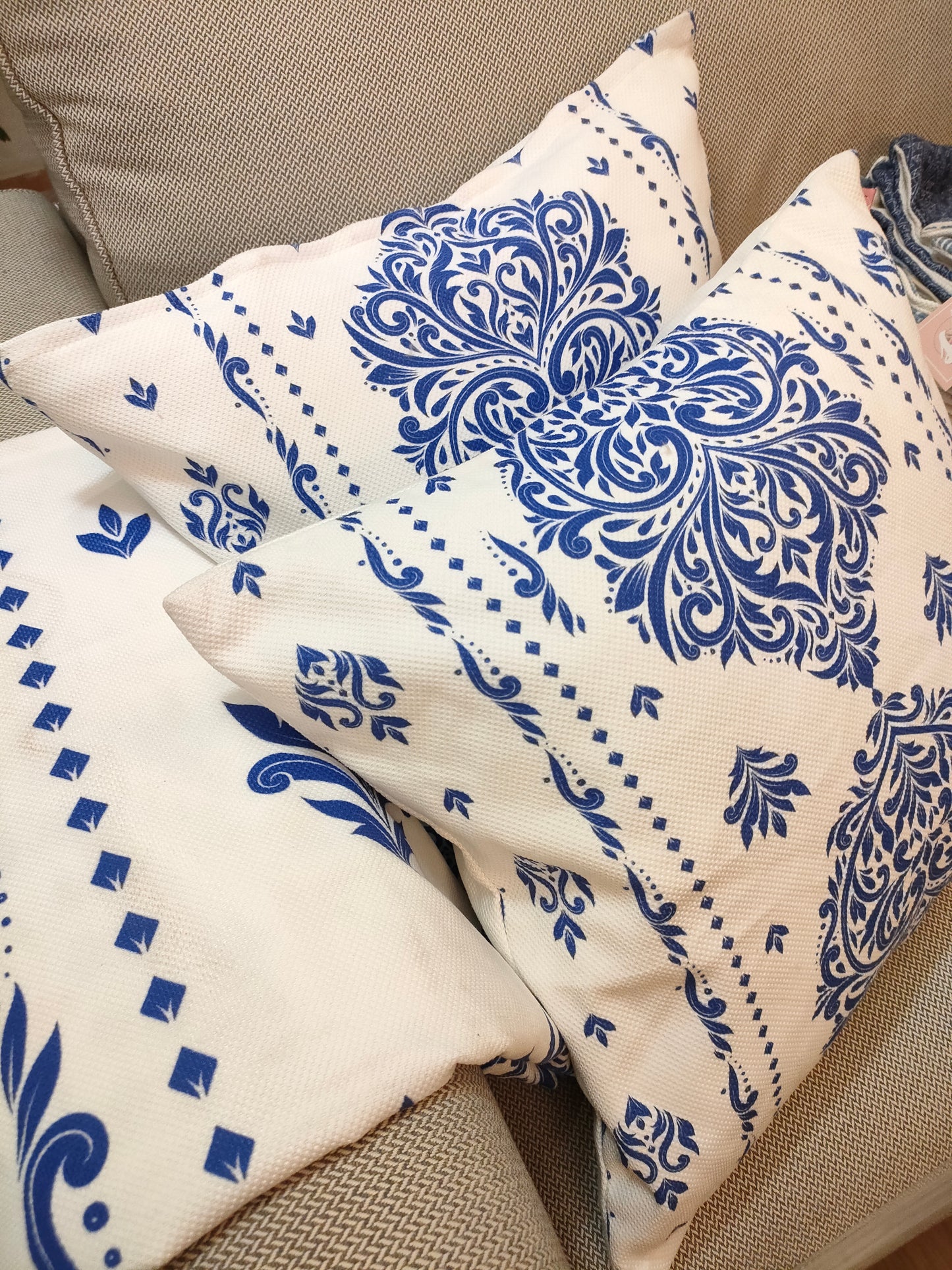 Damask White and blue  Cushion