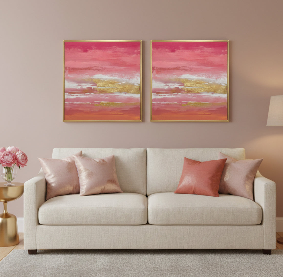 Rose & Gold Hand painted Canvas-  50x50cm